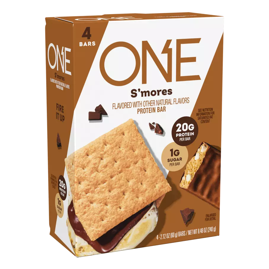 ONE BARS S'mores Flavored Protein Bars, 2.12 oz, 4 count box - Left Side of Package