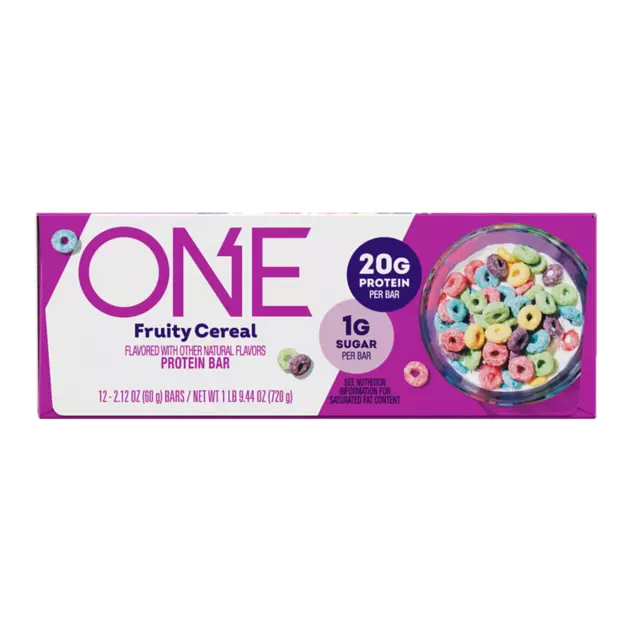 ONE BARS Fruity Cereal Flavored Protein Bars, 2.12 oz, 12 count box - Front of Package
