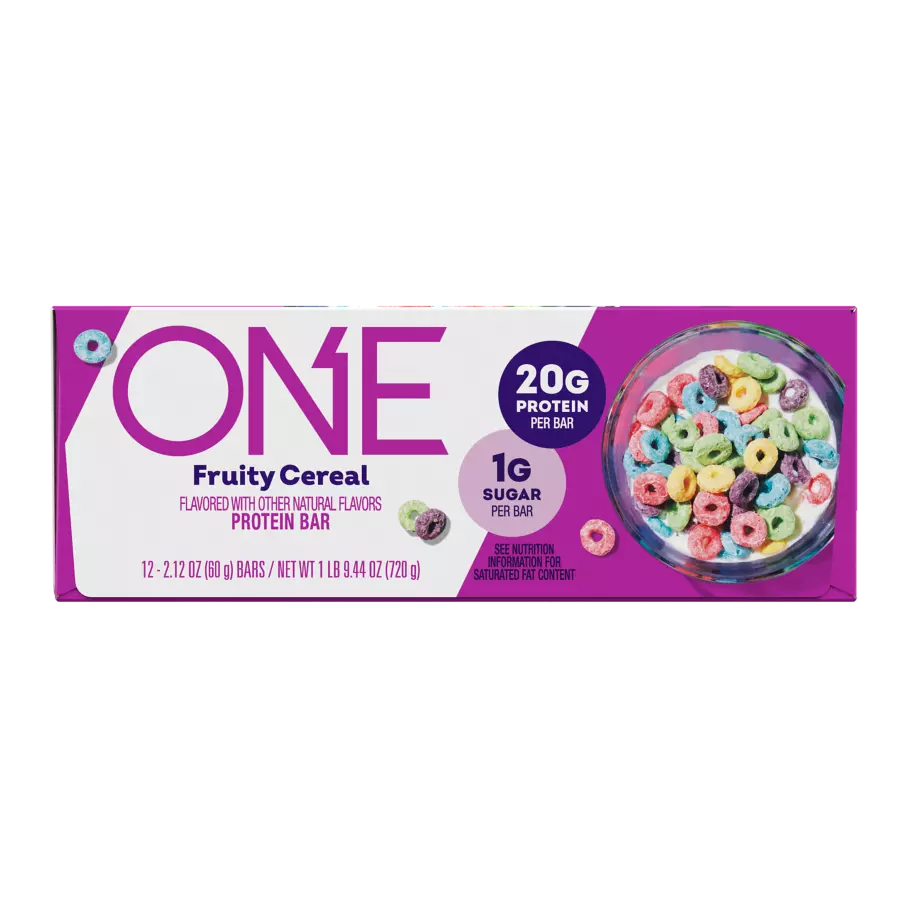 ONE BARS Fruity Cereal Flavored Protein Bars, 2.12 oz, 12 count box - Front of Package