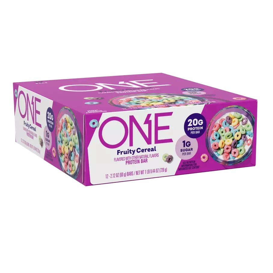 ONE BARS Fruity Cereal Flavored Protein Bars, 2.12 oz, 12 count box - Left Side of Package