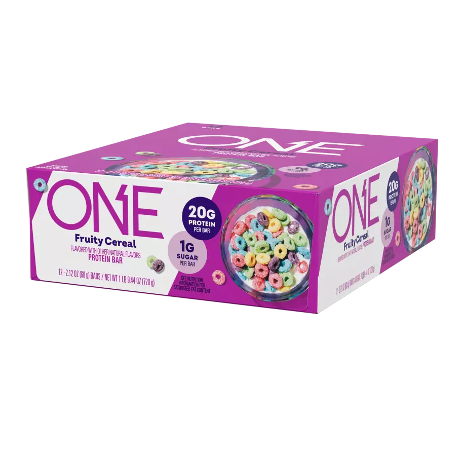 ONE BARS Fruity Cereal Flavored Protein Bars, 2.12 oz, 12 count box - Right Side of Package