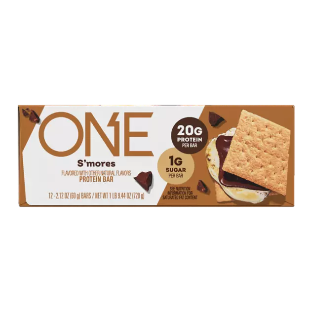ONE BARS S'mores Flavored Protein Bars, 2.12 oz, 12 count box - Front of Package