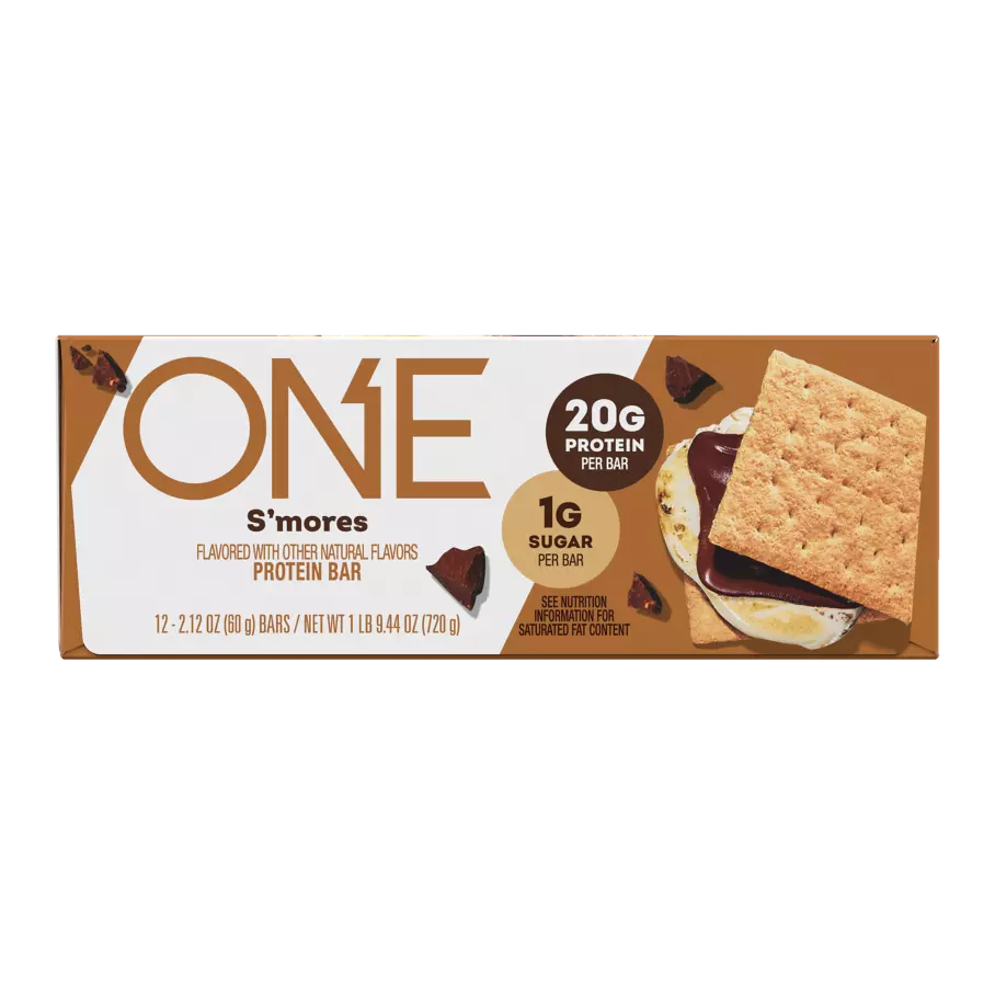 ONE BARS S'mores Flavored Protein Bars, 2.12 oz, 12 count box - Front of Package