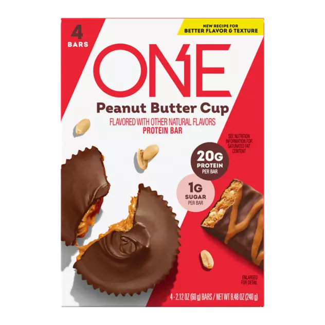ONE BARS Peanut Butter Cup Flavored Protein Bars, 2.12 oz, 4 count box - Front of Package