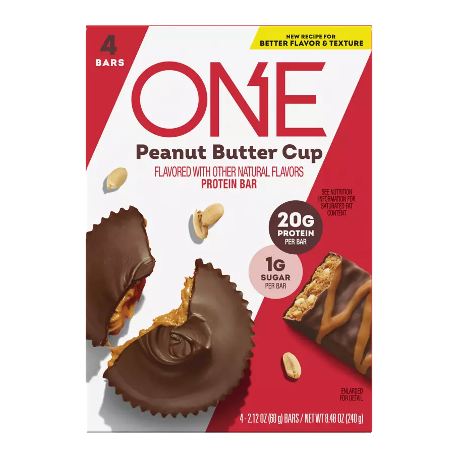 ONE BARS Peanut Butter Cup Flavored Protein Bars, 2.12 oz, 4 count box - Front of Package
