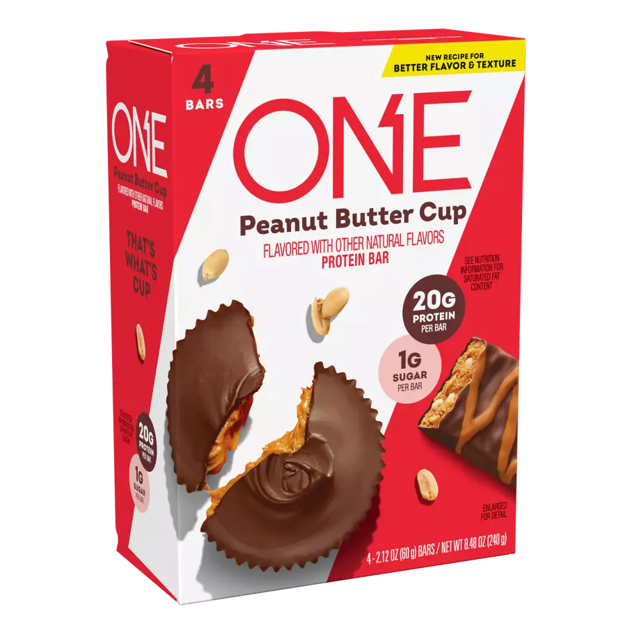 ONE BARS Peanut Butter Cup Flavored Protein Bars, 2.12 oz, 4 count box - Left Side of Package
