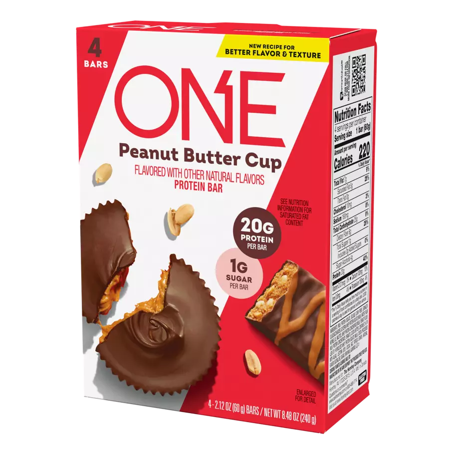 ONE BARS Peanut Butter Cup Flavored Protein Bars, 2.12 oz, 4 count box - Right Side of Package