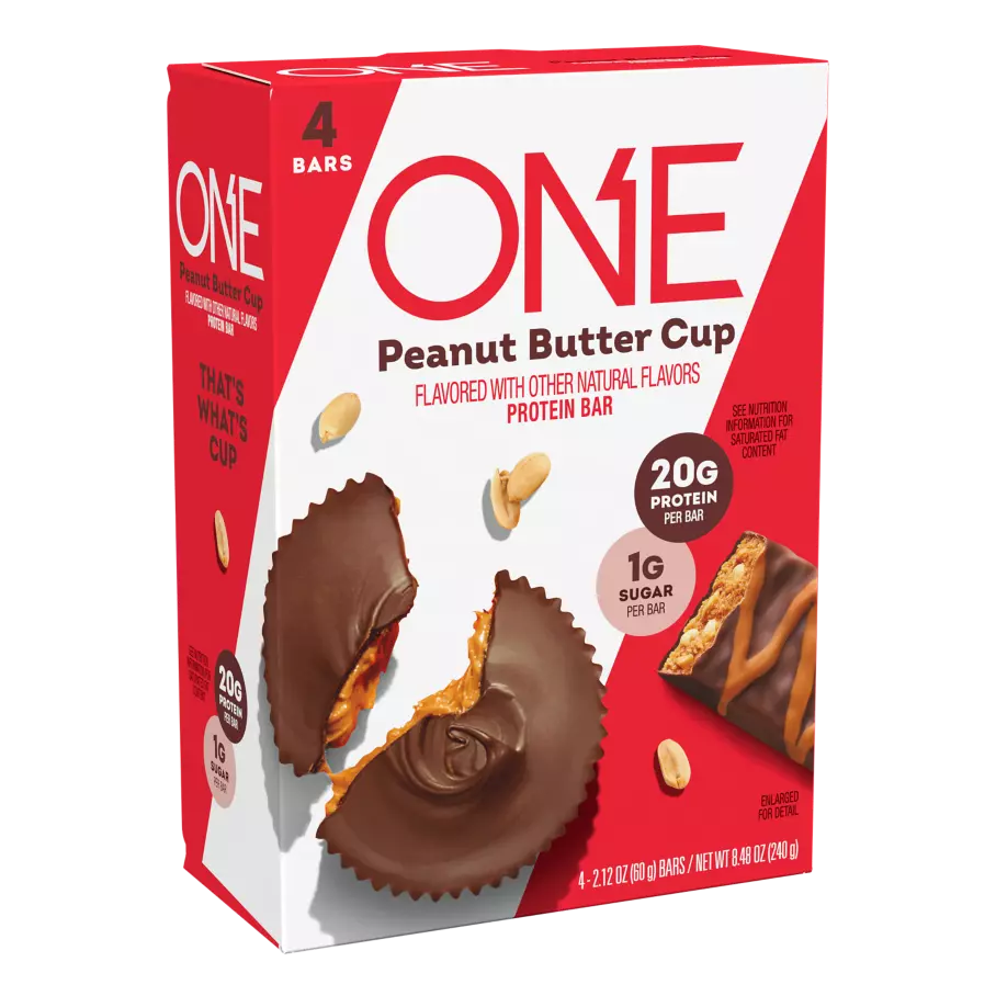 ONE BARS Peanut Butter Cup Flavored Protein Bars, 2.12 oz, 4 count box - Left Side of Package