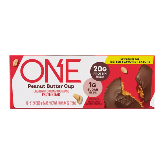 ONE BARS Peanut Butter Cup Flavored Protein Bars, 2.12 oz, 12 count box - Front of Package