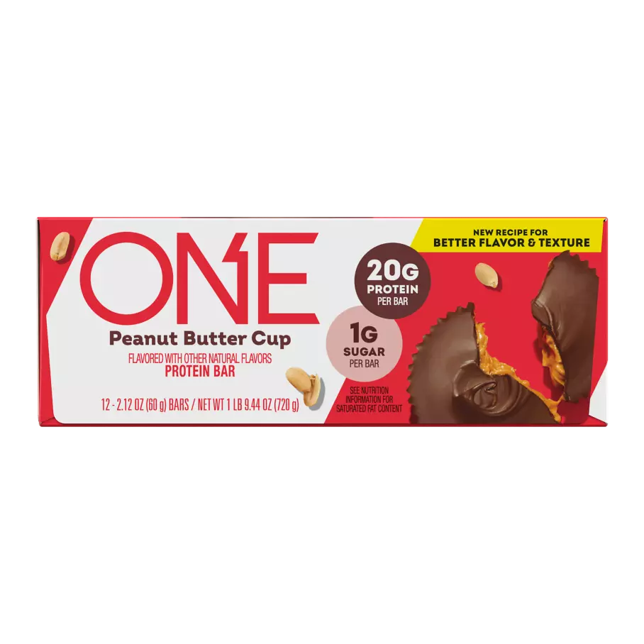 ONE BARS Peanut Butter Cup Flavored Protein Bars, 2.12 oz, 12 count box - Front of Package