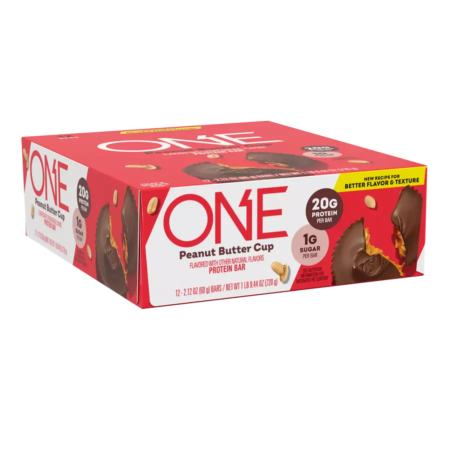 ONE BARS Peanut Butter Cup Flavored Protein Bars, 2.12 oz, 12 count box - Left Side of Package