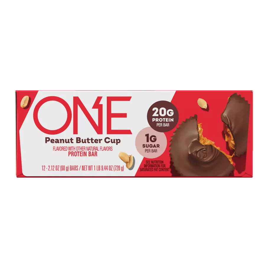 ONE BARS Peanut Butter Cup Flavored Protein Bars, 2.12 oz, 12 count box - Front of Package
