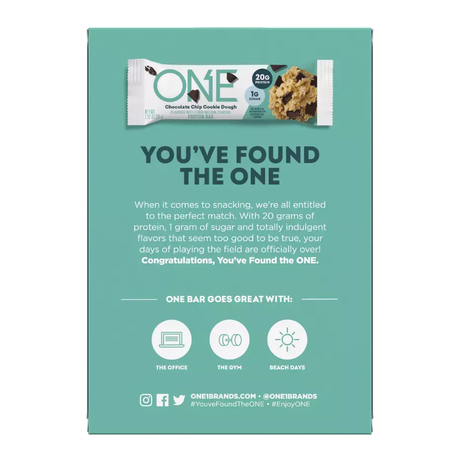 ONE BARS Chocolate Chip Cookie Dough Flavored Protein Bars, 2.12 oz, 4 count box - Back of Package