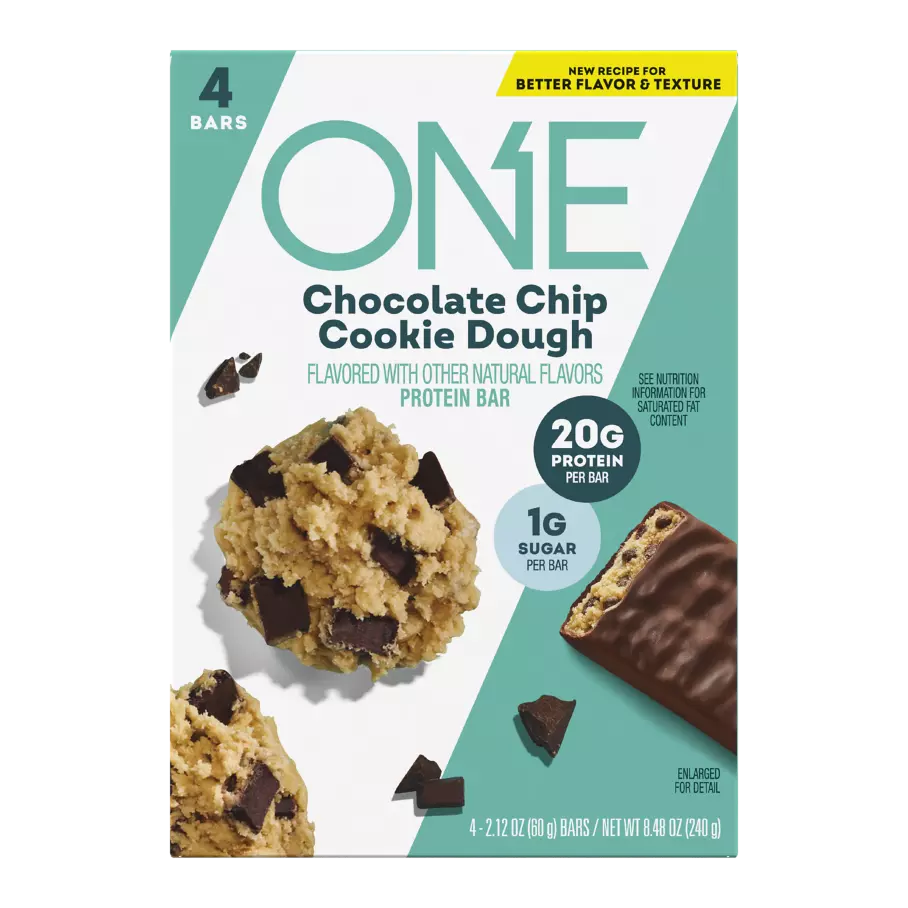 ONE BARS Chocolate Chip Cookie Dough Flavored Protein Bars, 2.12 oz, 4 count box - Front of Package