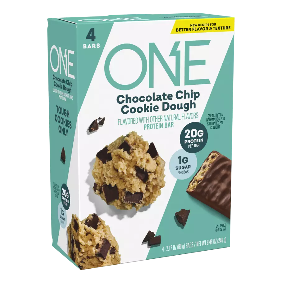 ONE BARS Chocolate Chip Cookie Dough Flavored Protein Bars, 2.12 oz, 4 count box - Left Side of Package