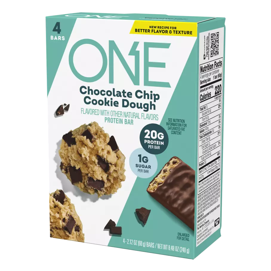 ONE BARS Chocolate Chip Cookie Dough Flavored Protein Bars, 2.12 oz, 4 count box - Right Side of Package