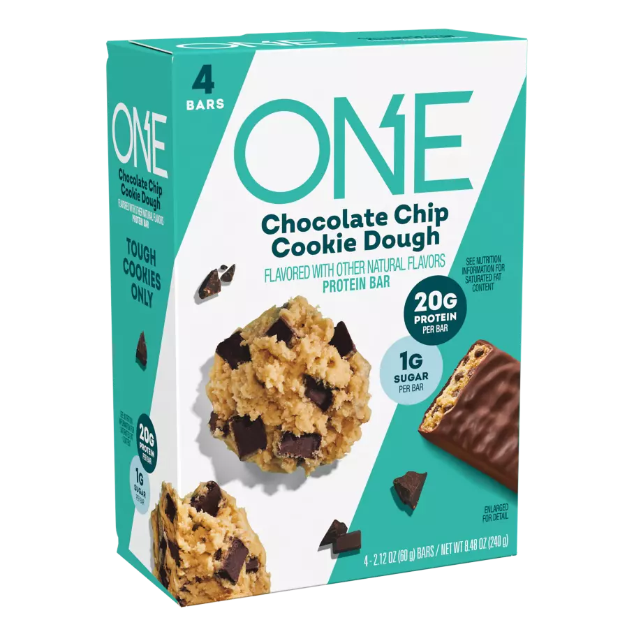 ONE BARS Chocolate Chip Cookie Dough Flavored Protein Bars, 2.12 oz, 4 count box - Left Side of Package