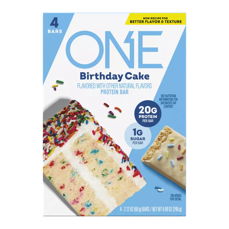 ONE BARS Birthday Cake Flavored Protein Bars, 2.12 oz, 4 count box - Front of Package