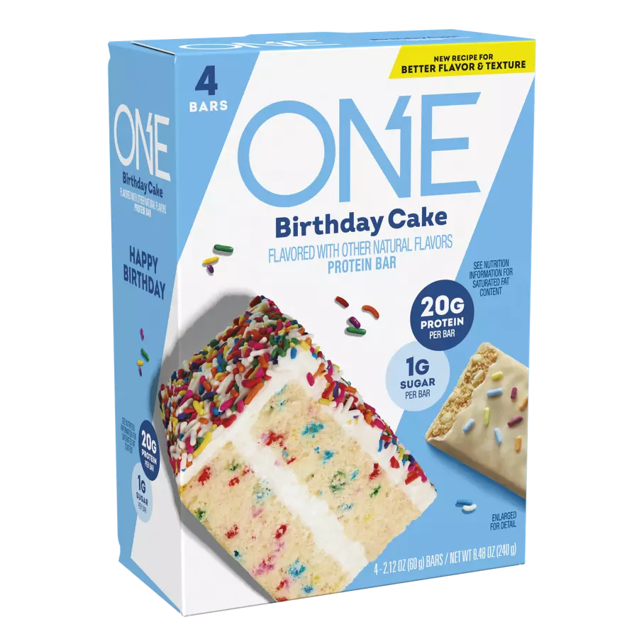ONE BARS Birthday Cake Flavored Protein Bars, 2.12 oz, 4 count box - Left Side of Package