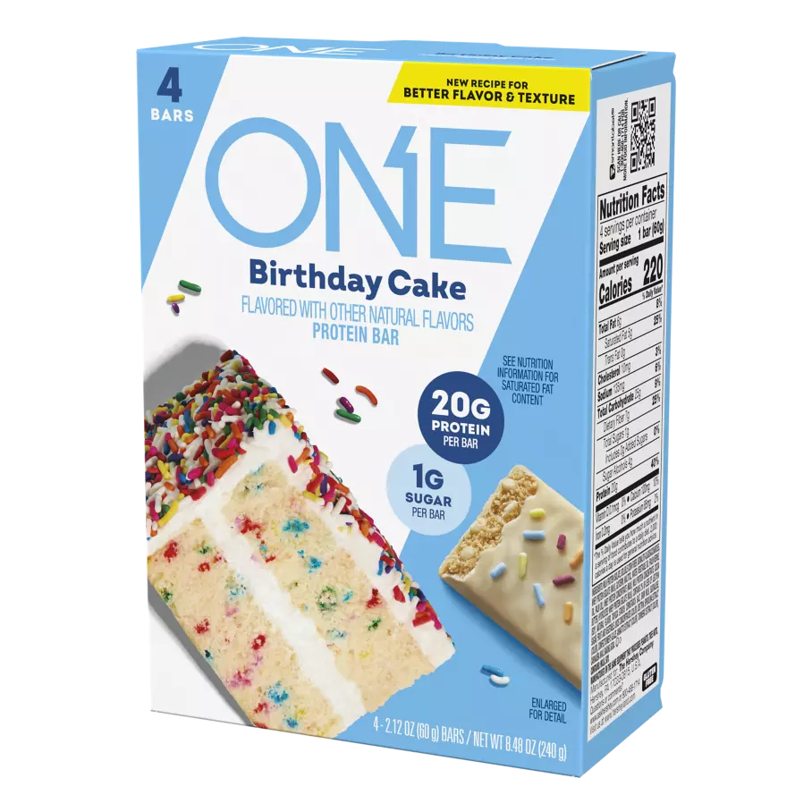 ONE BARS Birthday Cake Flavored Protein Bars, 2.12 oz, 4 count box - Right Side of Package