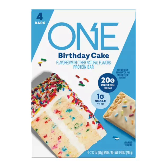 ONE BARS Birthday Cake Flavored Protein Bars, 2.12 oz, 4 count box - Front of Package