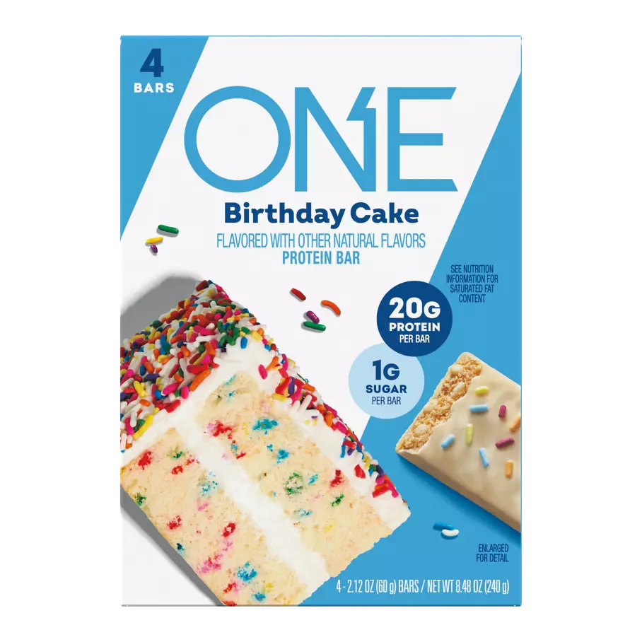 ONE BARS Birthday Cake Flavored Protein Bars, 2.12 oz, 4 count box - Front of Package
