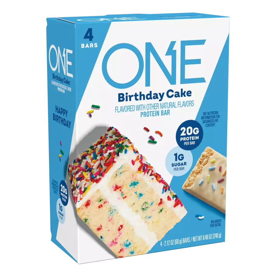 ONE BARS Birthday Cake Flavored Protein Bars, 2.12 oz, 4 count box - Left Side of Package
