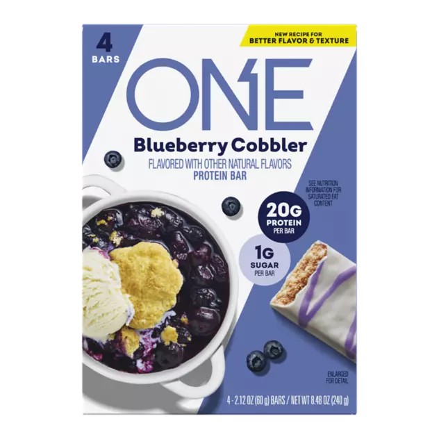ONE BARS Blueberry Cobbler Flavored Protein Bars, 2.12 oz, 4 count box - Front of Package