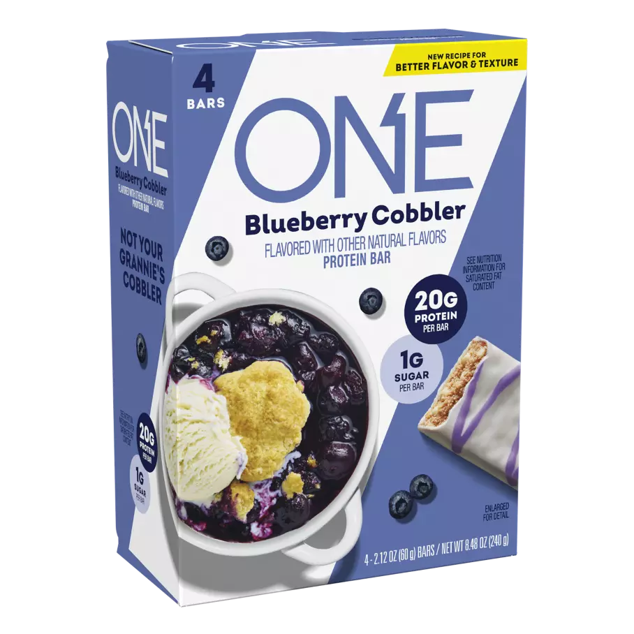 ONE BARS Blueberry Cobbler Flavored Protein Bars, 2.12 oz, 4 count box - Left Side of Package