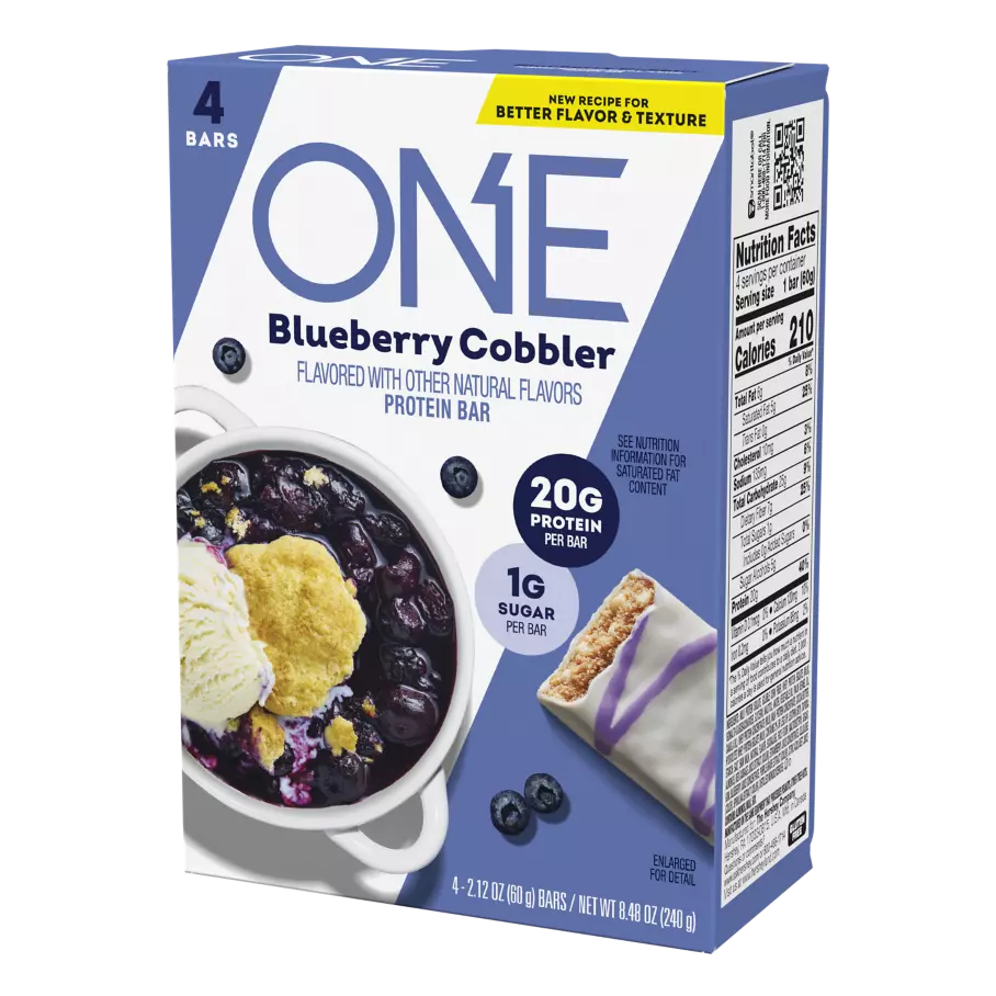 ONE BARS Blueberry Cobbler Flavored Protein Bars, 2.12 oz, 4 count box - Right Side of Package