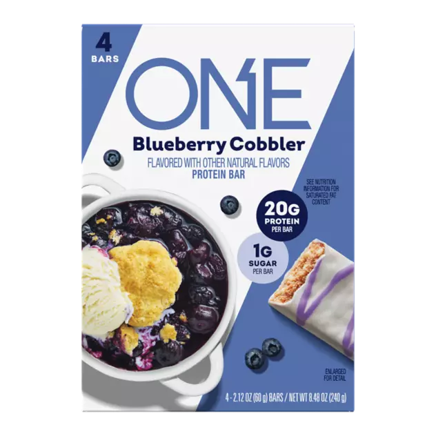 ONE BARS Blueberry Cobbler Flavored Protein Bars, 2.12 oz, 4 count box - Front of Package