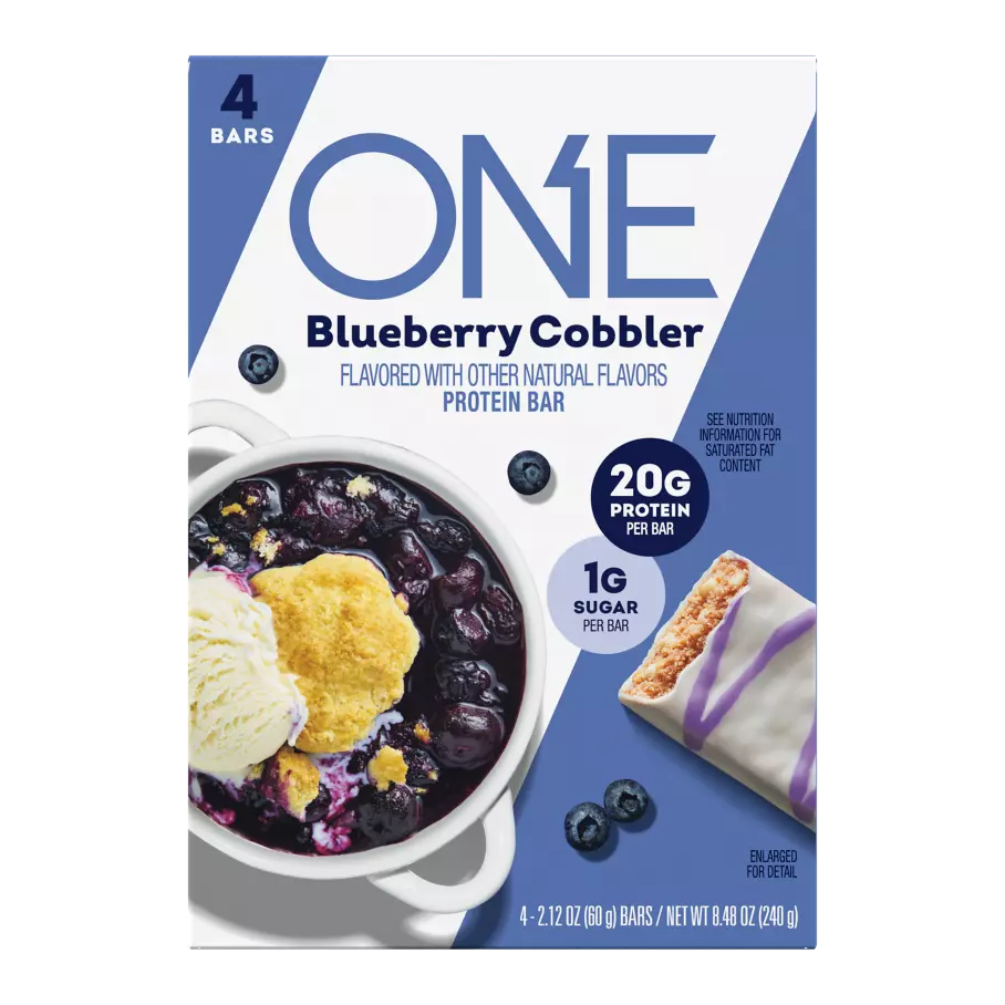 ONE BARS Blueberry Cobbler Flavored Protein Bars, 2.12 oz, 4 count box - Front of Package