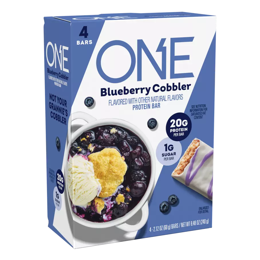 ONE BARS Blueberry Cobbler Flavored Protein Bars, 2.12 oz, 4 count box - Left Side of Package