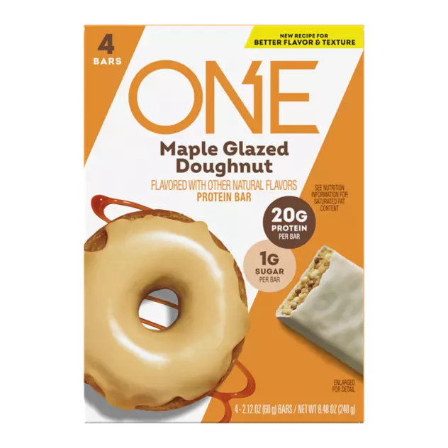 ONE BARS Maple Glazed Doughnut Flavored Protein Bars, 2.12 oz, 4 count box - Front of Package