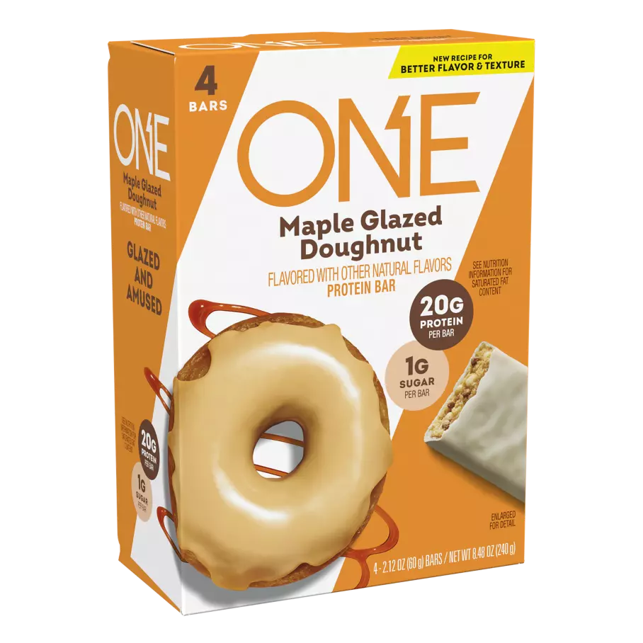 ONE BARS Maple Glazed Doughnut Flavored Protein Bars, 2.12 oz, 4 count box - Left Side of Package