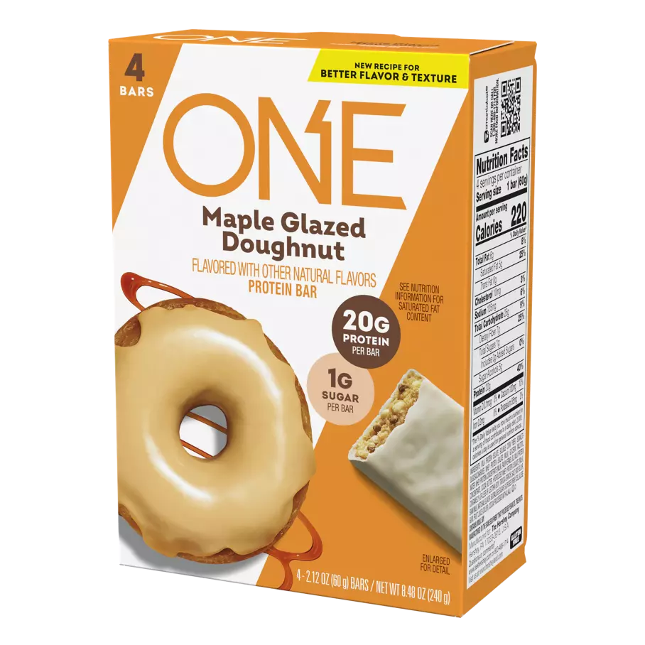 ONE BARS Maple Glazed Doughnut Flavored Protein Bars, 2.12 oz, 4 count box - Right Side of Package