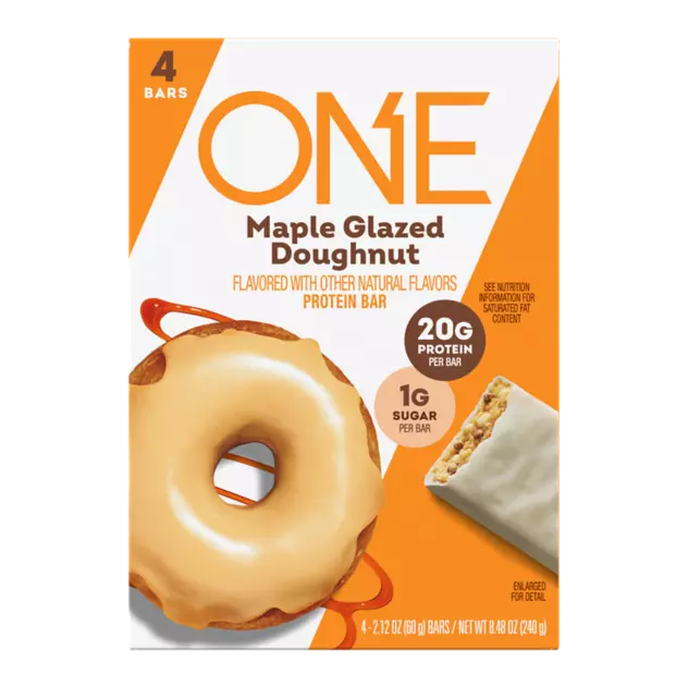 ONE BARS Maple Glazed Doughnut Flavored Protein Bars, 2.12 oz, 4 count box - Front of Package