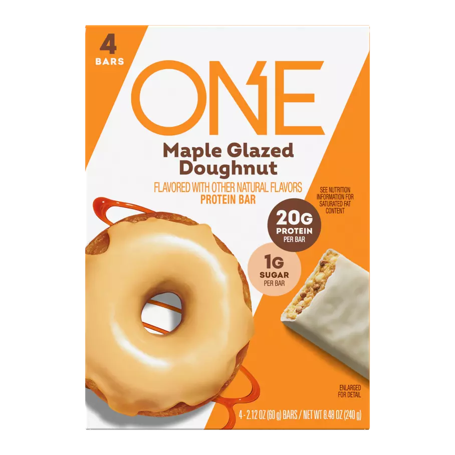 ONE BARS Maple Glazed Doughnut Flavored Protein Bars, 2.12 oz, 4 count box - Front of Package
