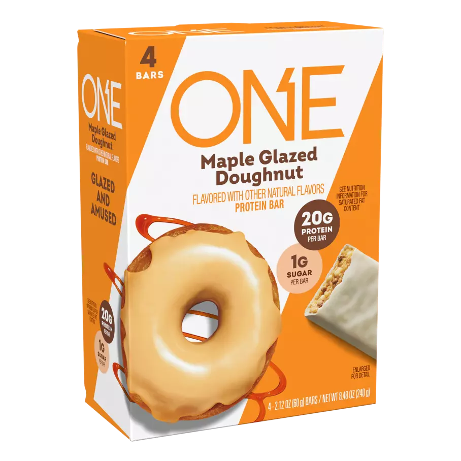 ONE BARS Maple Glazed Doughnut Flavored Protein Bars, 2.12 oz, 4 count box - Left Side of Package
