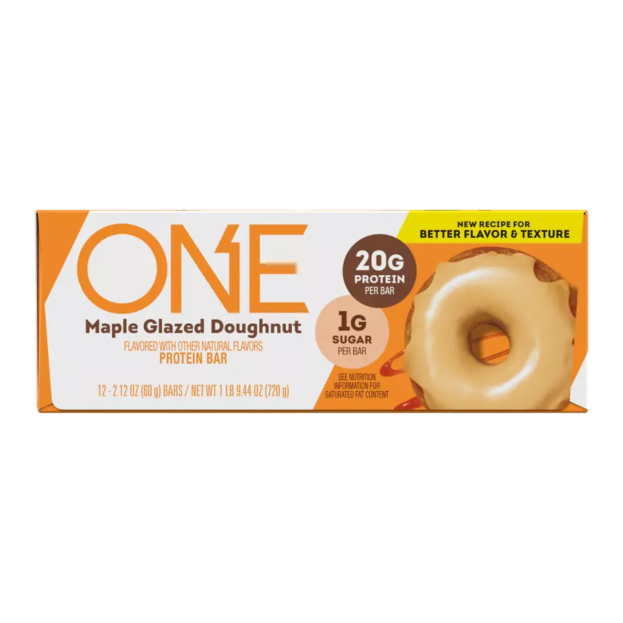 ONE BARS Maple Glazed Doughnut Flavored Protein Bars, 2.12 oz, 12 count box - Front of Package