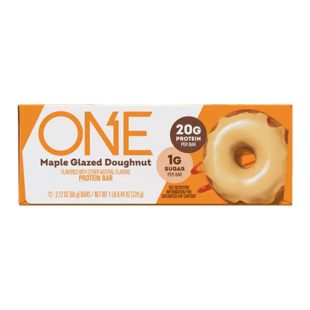 ONE BARS Maple Glazed Doughnut Flavored Protein Bars, 2.12 oz, 12 count box - Front of Package