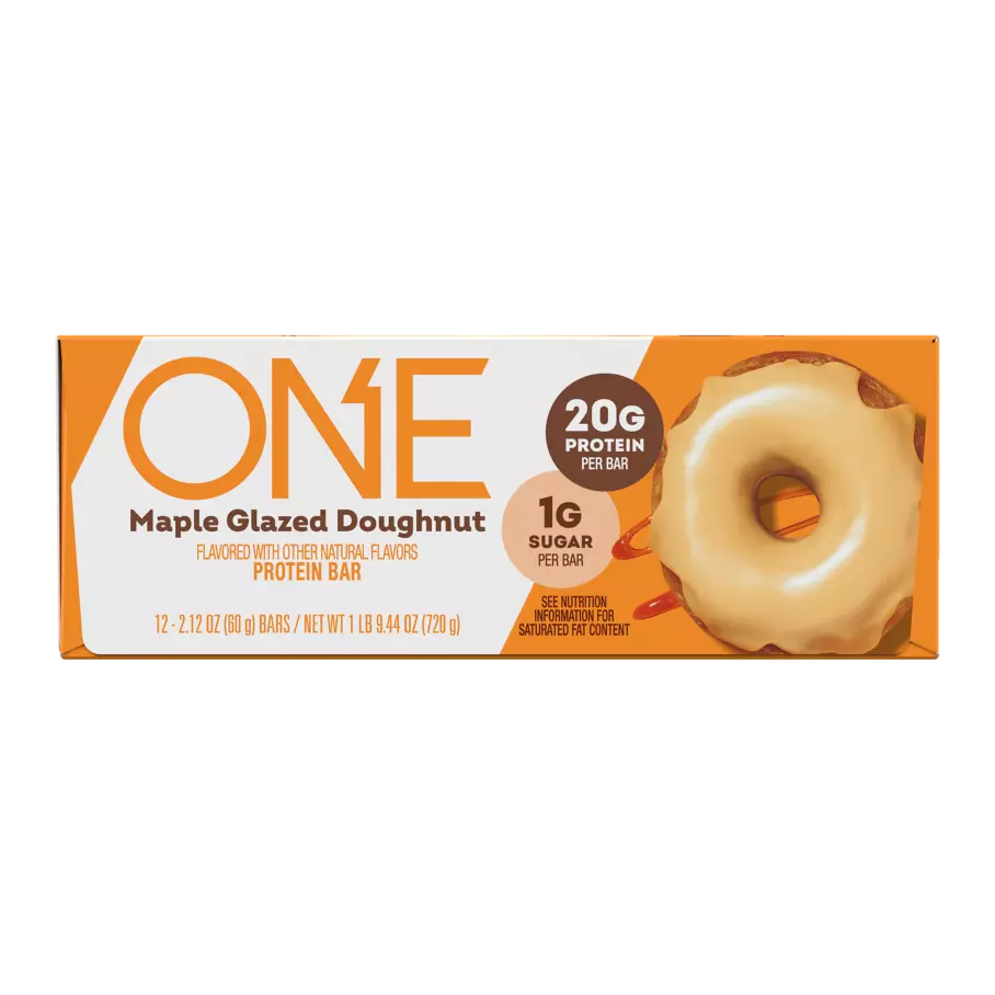 ONE BARS Maple Glazed Doughnut Flavored Protein Bars, 2.12 oz, 12 count box - Front of Package