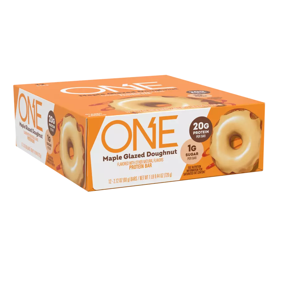 ONE BARS Maple Glazed Doughnut Flavored Protein Bars, 2.12 oz, 12 count box - Left Side of Package