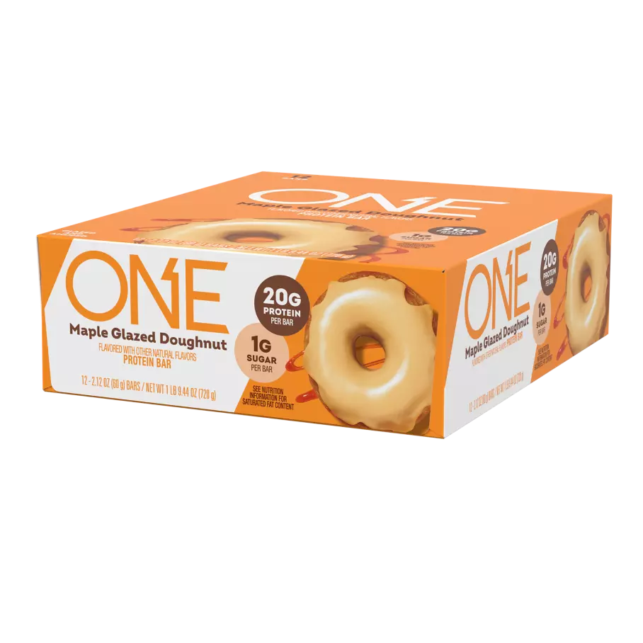 ONE BARS Maple Glazed Doughnut Flavored Protein Bars, 2.12 oz, 12 count box - Right Side of Package