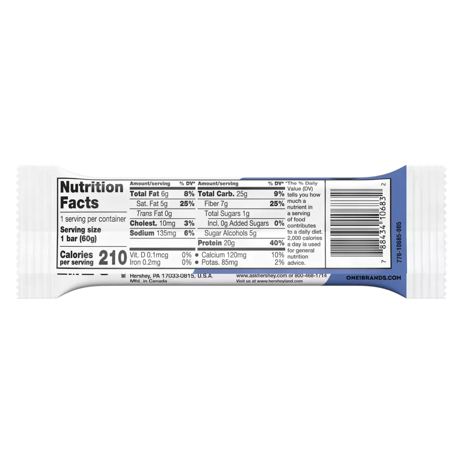ONE BARS Blueberry Cobbler Flavored Protein Bar, 2.12 oz - Back of Package