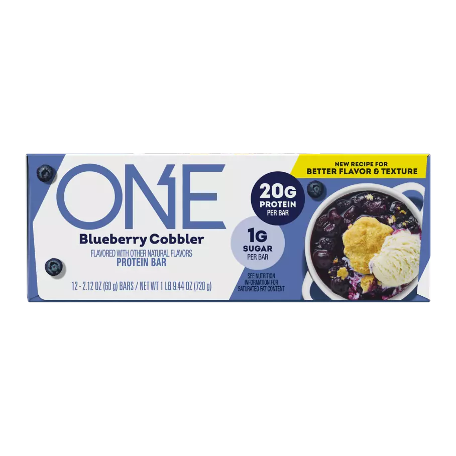 ONE BARS Blueberry Cobbler Flavored Protein Bars, 2.12 oz, 12 count box - Front of Package