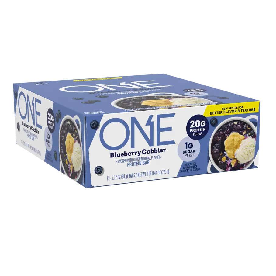 ONE BARS Blueberry Cobbler Flavored Protein Bars, 2.12 oz, 12 count box - Left Side of Package