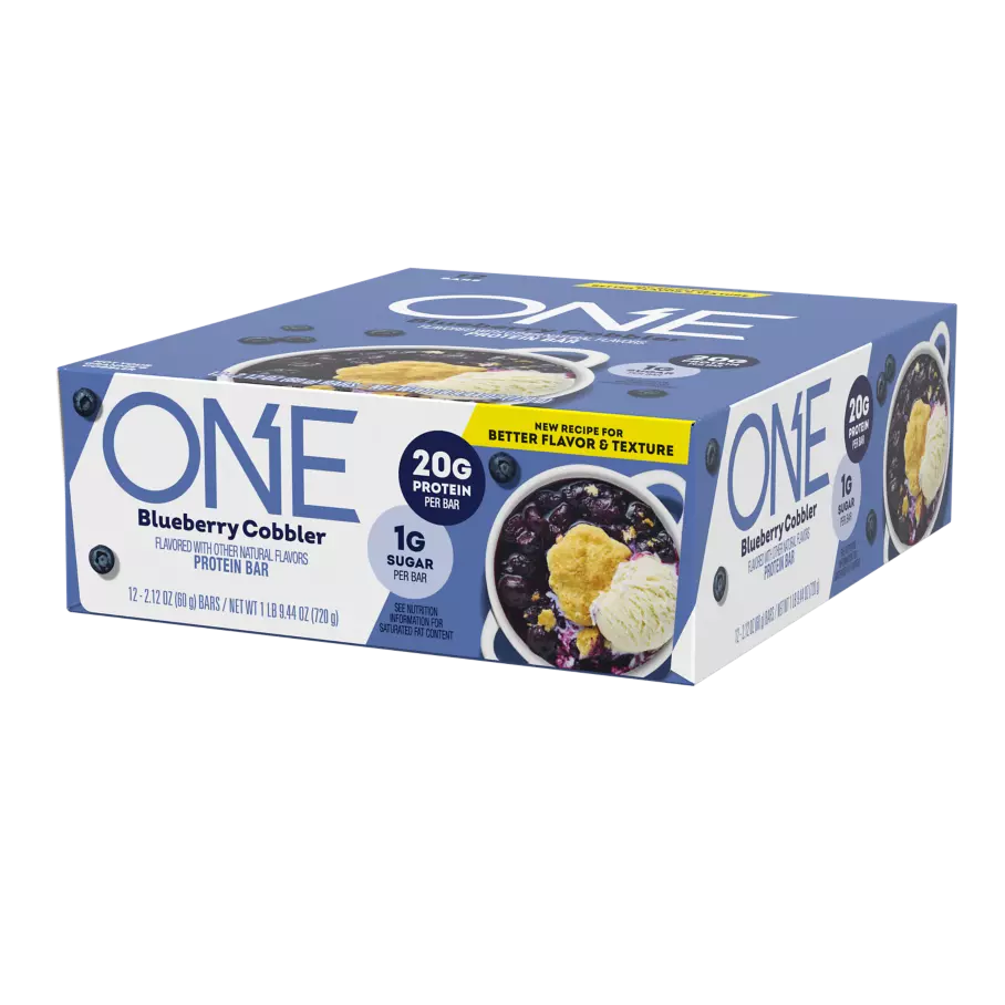 ONE BARS Blueberry Cobbler Flavored Protein Bars, 2.12 oz, 12 count box - Right Side of Package
