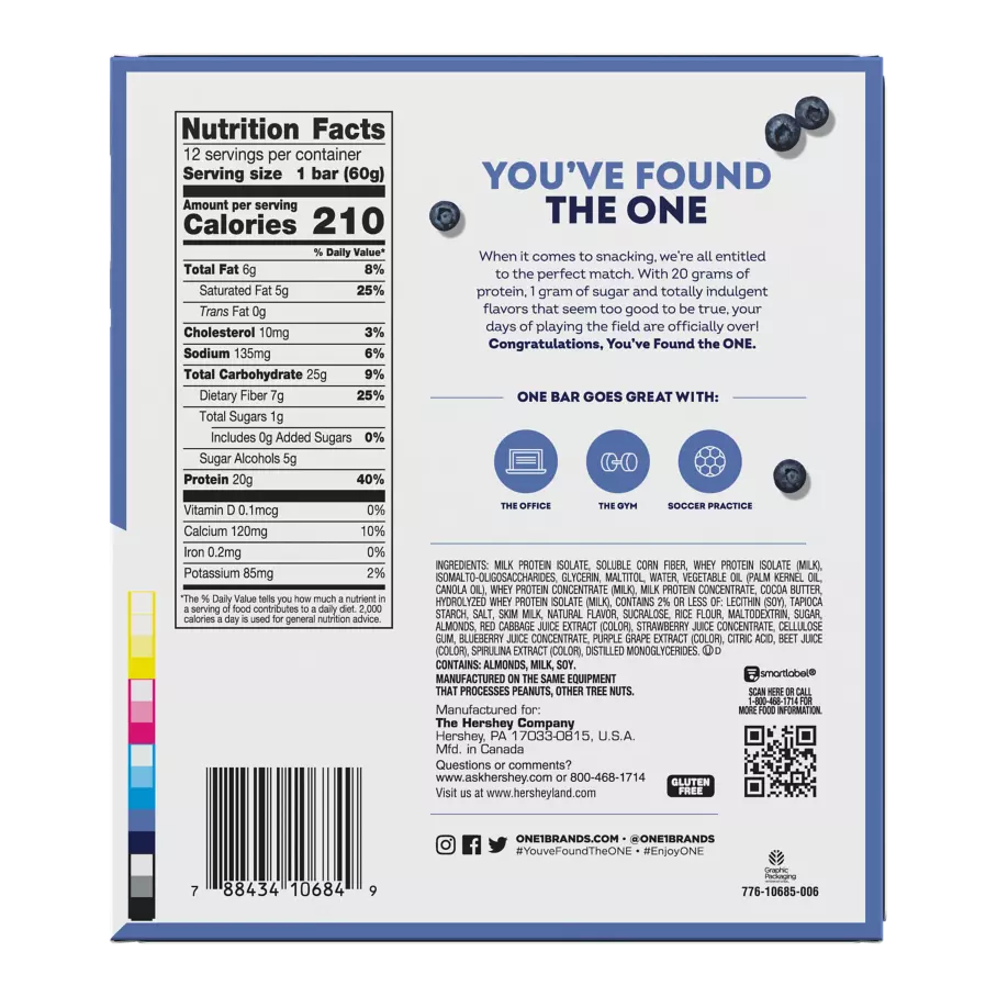 ONE BARS Blueberry Cobbler Flavored Protein Bars, 2.12 oz, 12 count box - Nutritional