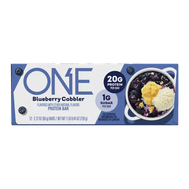 ONE BARS Blueberry Cobbler Flavored Protein Bars, 2.12 oz, 12 count box - Front of Package